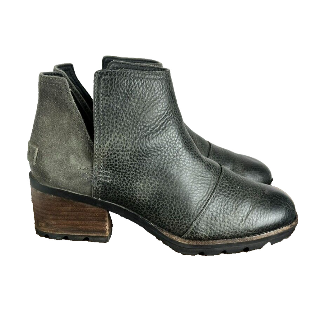 Sorel Ankle Boots Shoes Womens 6 Cate Cut Out Black Gray Leather Slip On Cap Toe - Picture 2 of 9